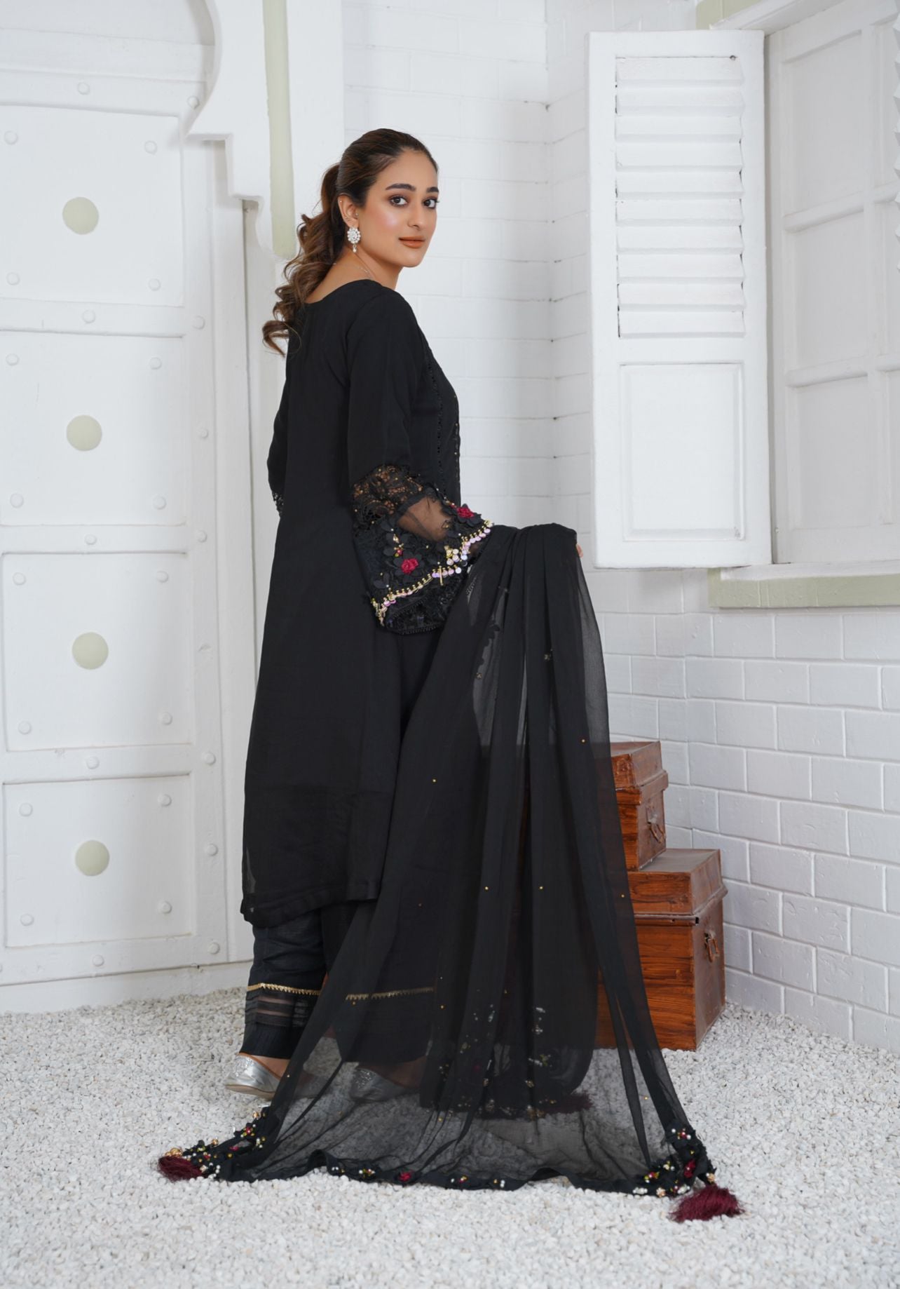 Chiffon Modern Styled Black Tail Frock