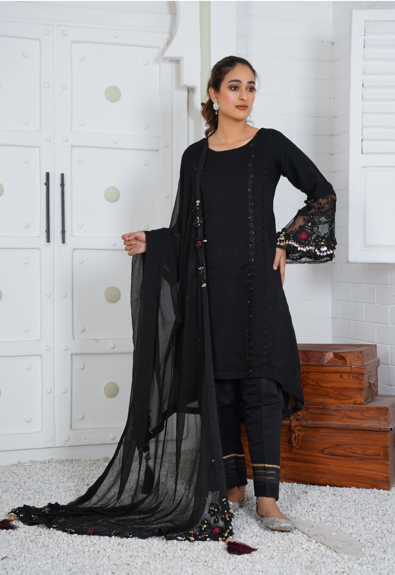 Chiffon Modern Styled Black Tail Frock