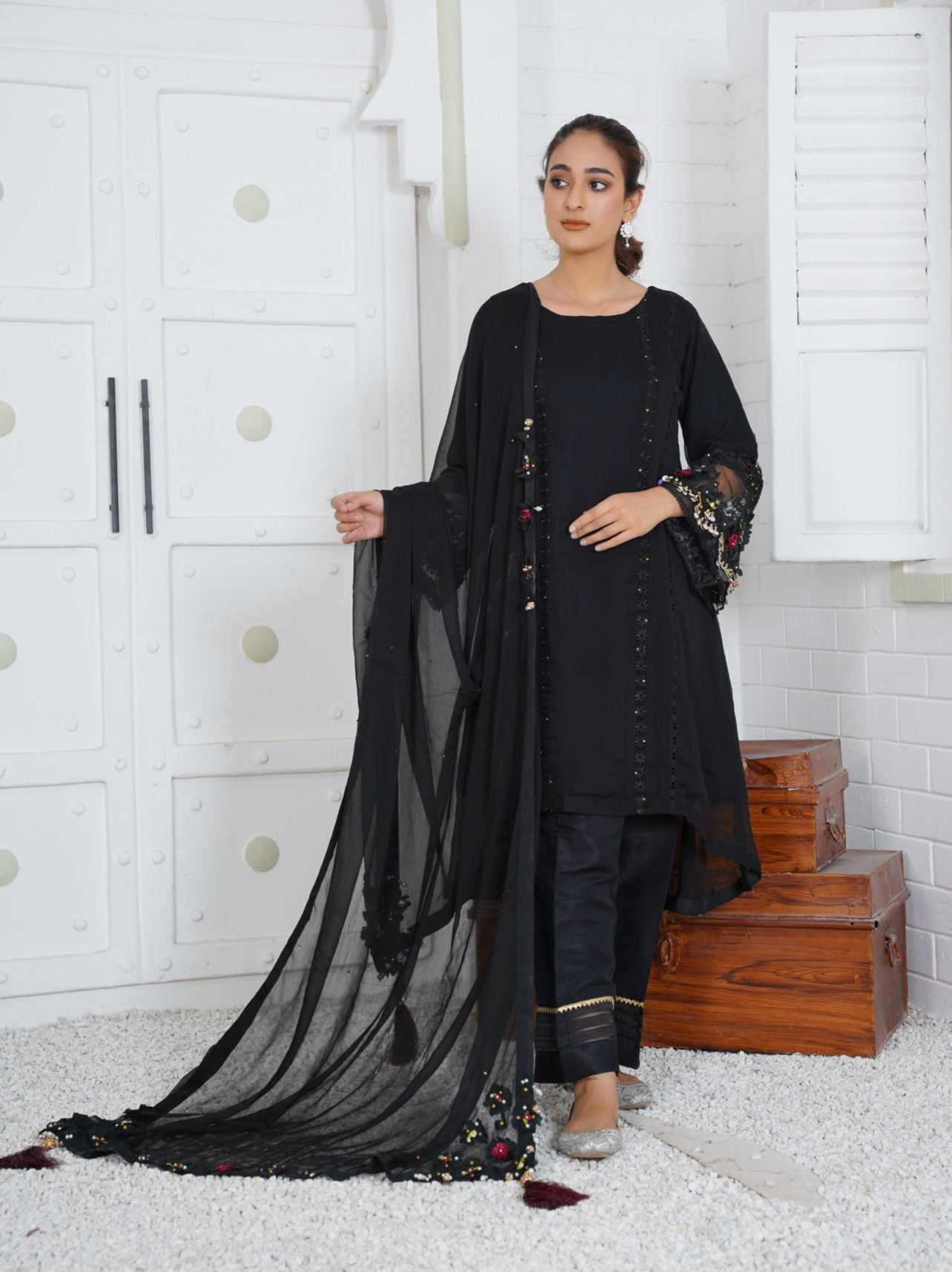 Chiffon Modern Styled Black Tail Frock